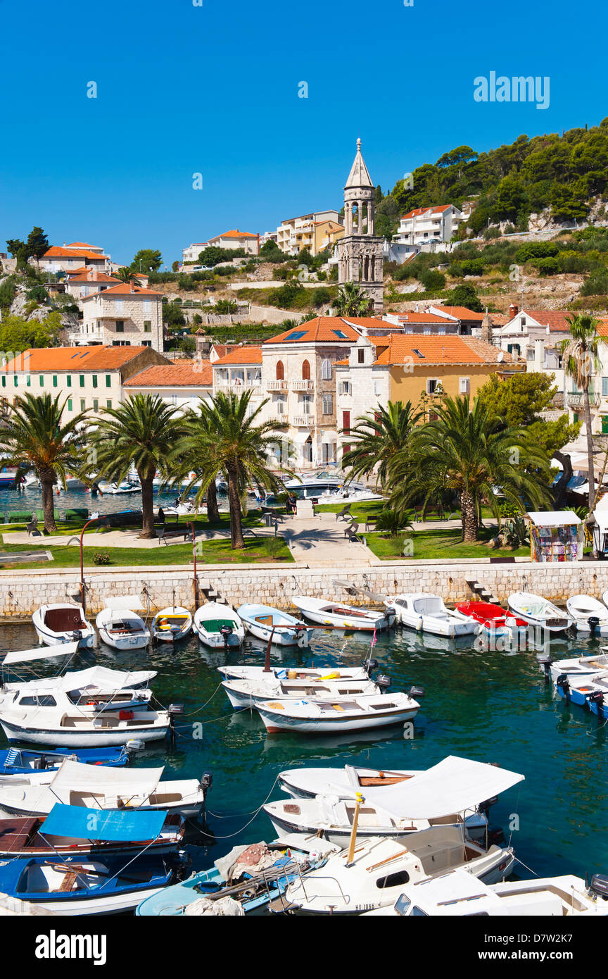 Le port de Hvar et clocher de l'église dans le centre-ville de Hvar, Hvar, île de la côte dalmate, Adriatique, Croatie Banque D'Images