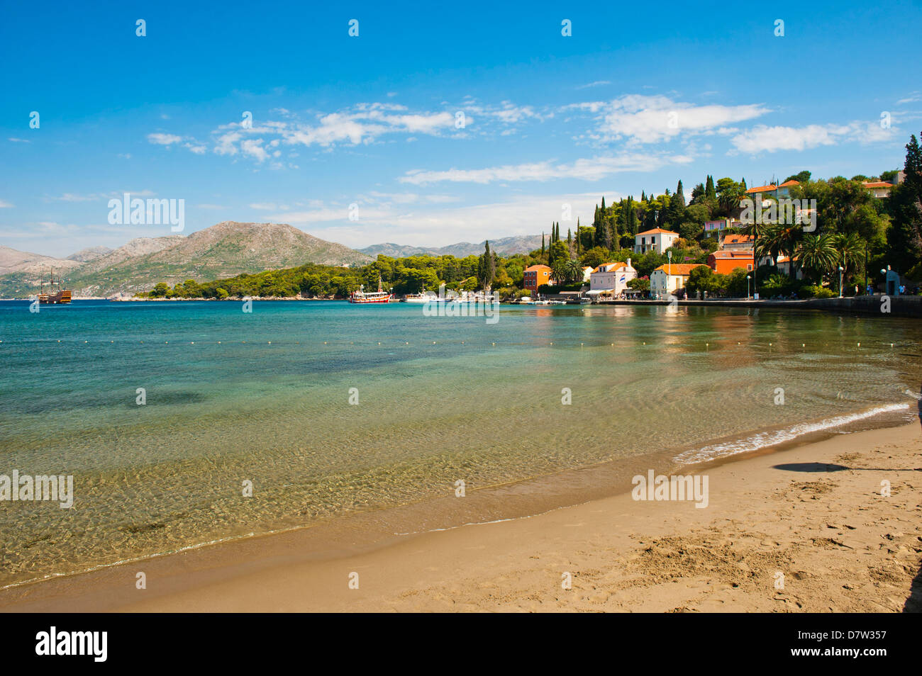 Kolocep, plage de l'île Kolocep, les îles Élaphites (Elaphites), de la côte dalmate, Mer Adriatique, Croatie Banque D'Images
