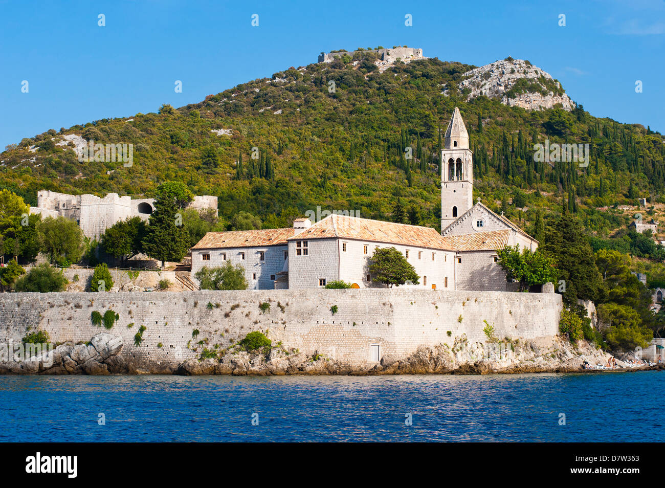 Monastère Franciscain, l'île de Lopud, les îles Élaphites (Elaphites), de la côte dalmate, Mer Adriatique, Croatie Banque D'Images