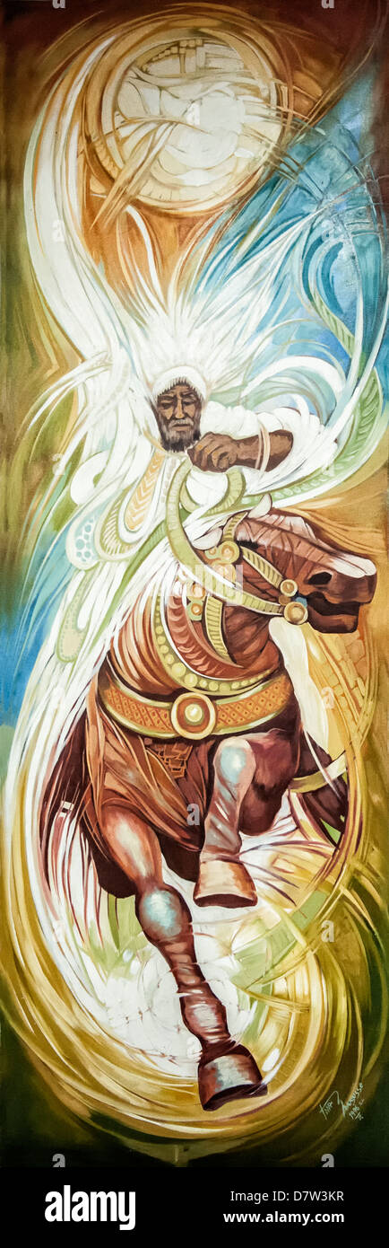 Peinture d'un horse rider par un artiste éthiopien, Musée national de l'Éthiopie, Addis-Abeba, Ethiopie Banque D'Images