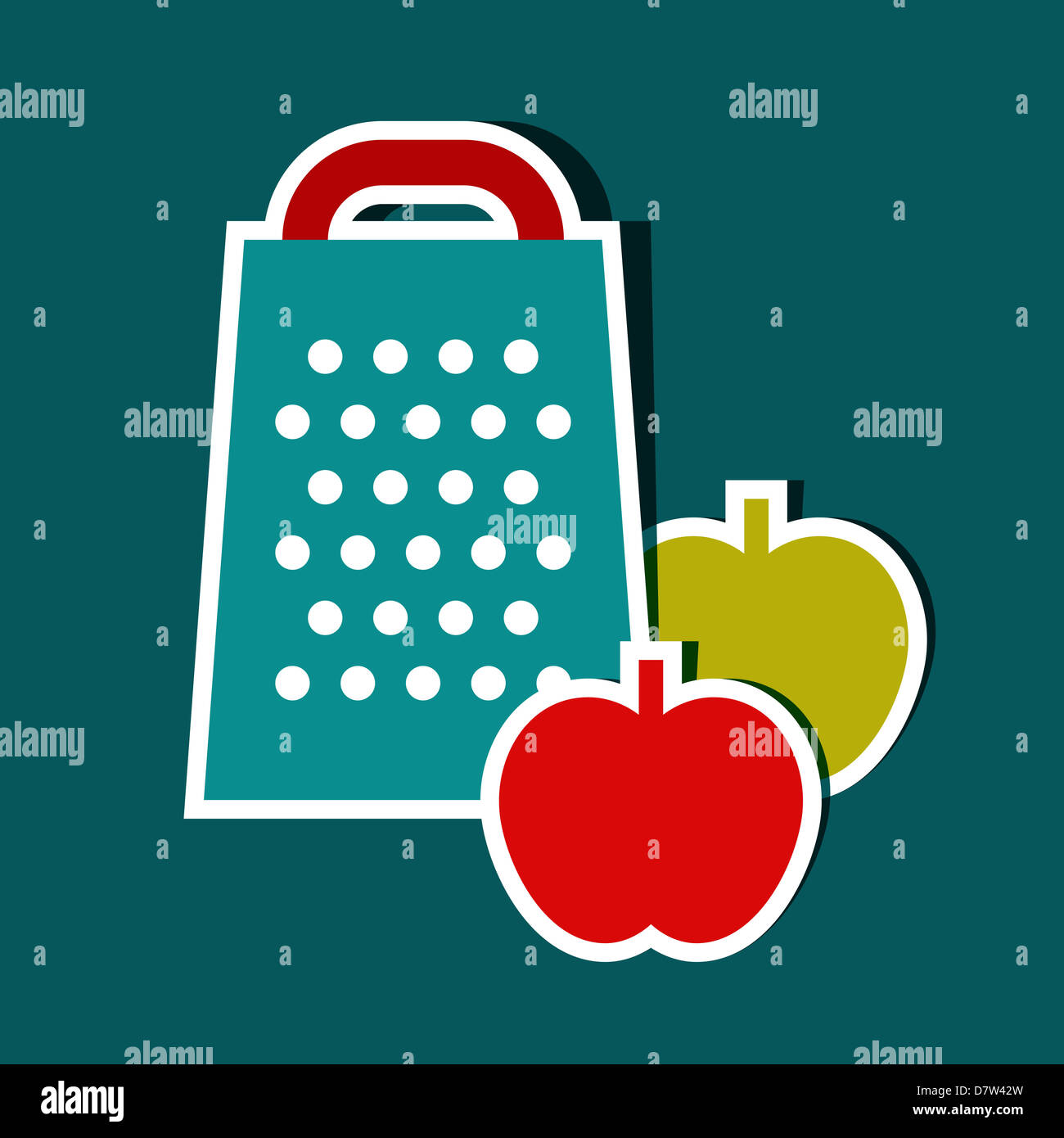 Grater et les pommes. Symboles de cuisine Banque D'Images