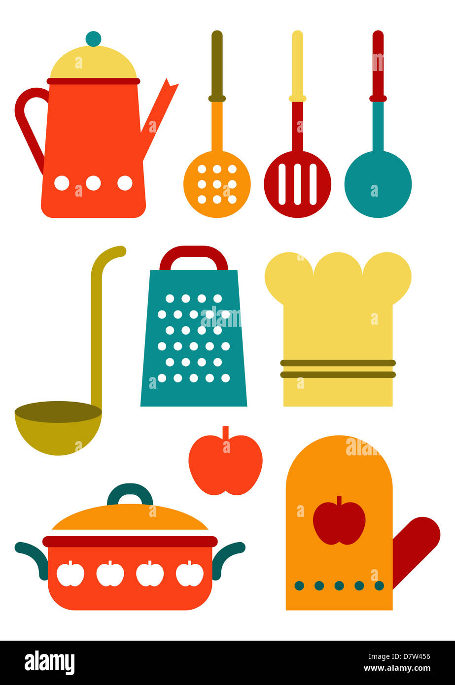 Ustensile de cuisine colorée ensemble isolé sur fond blanc Banque D'Images