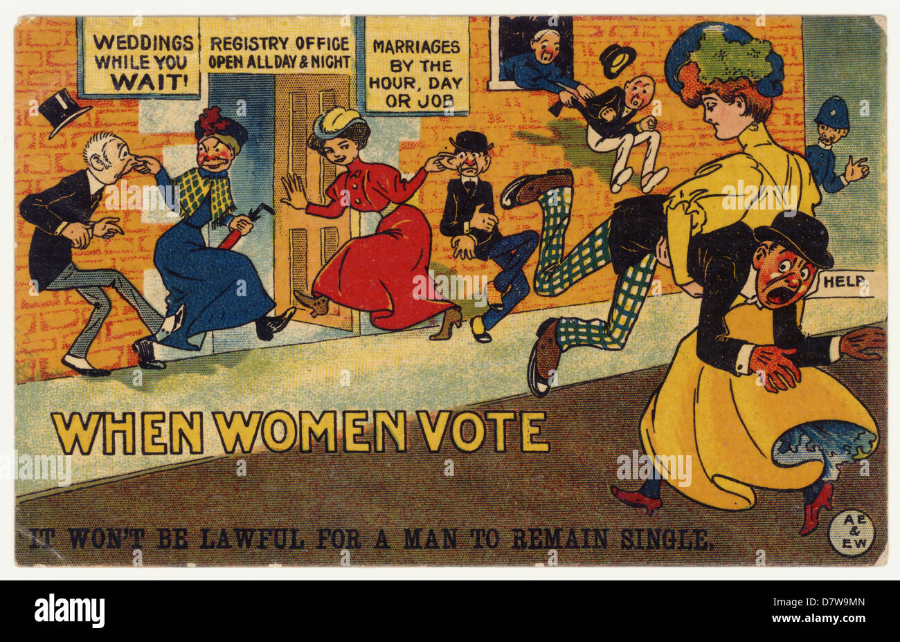 Carte postale de propagande satirique britannique alarmiste contre la suffragette en date du 1910 février s'opposant au suffrage des femmes « lorsque les femmes votent, il ne sera pas légitime qu'un homme reste célibataire », droit de voter contre le féminisme , Royaume-Uni en date du 1910 février Banque D'Images