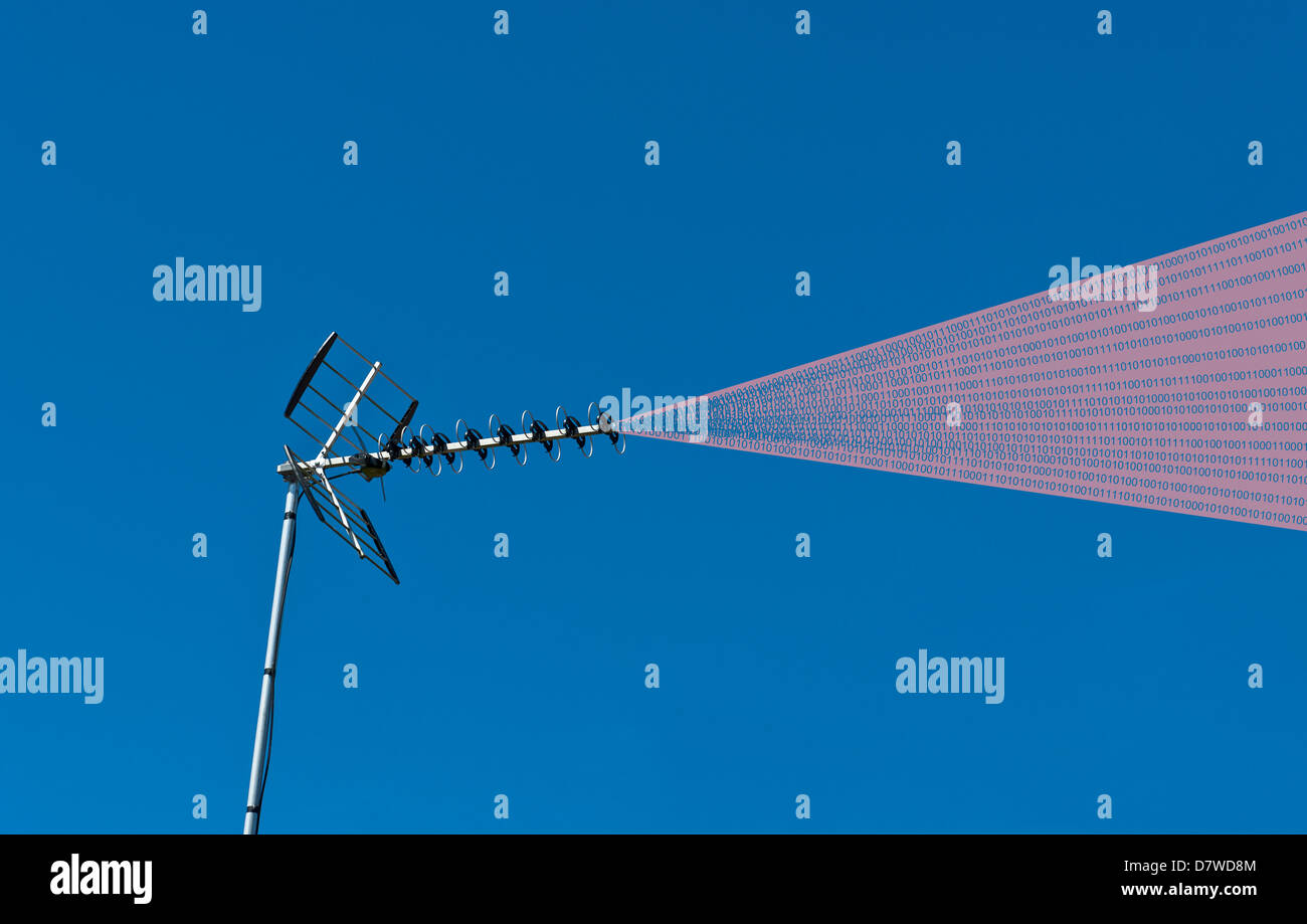 Antenne TV numérique rose ciel bleu ray concept de transmission de flux binary digit Banque D'Images