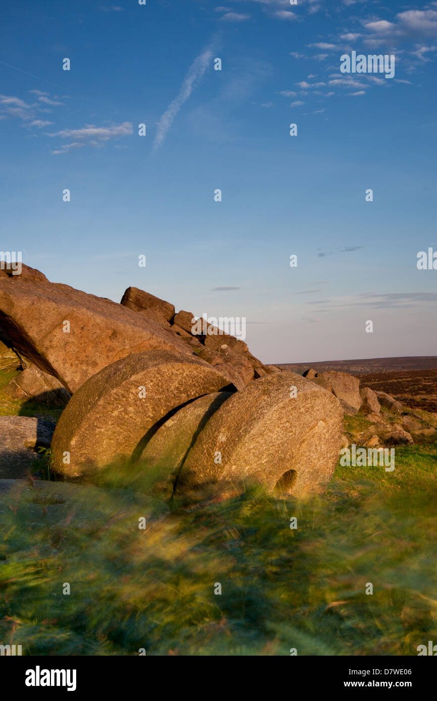 Meules dans le Derbyshire Peak District National Park avec herbes et fearns soufflant dans la brise baignée de soleil Banque D'Images