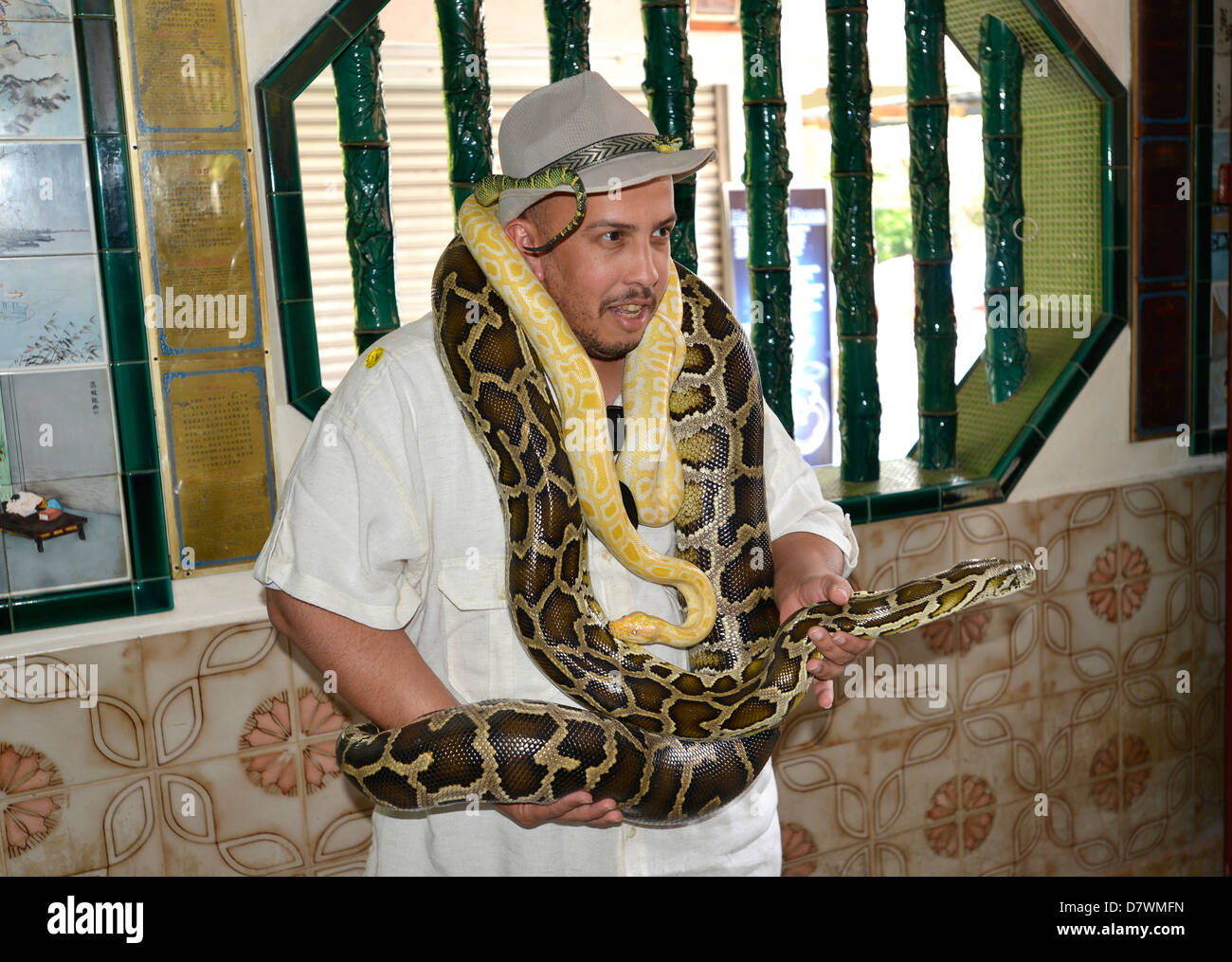 Asie Malaisie Penang Georgetown Ban Kah fil situé à au sud de Georgetown et snake man Banque D'Images