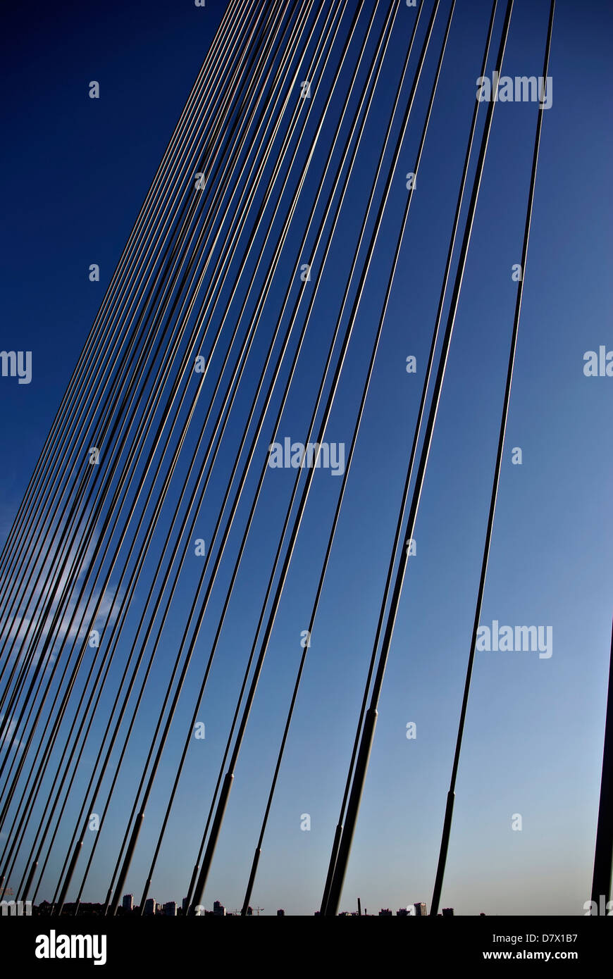 Les câbles de suspension du pont routier moderne à contre ciel bleu clair au jour d'été ensoleillé. Banque D'Images