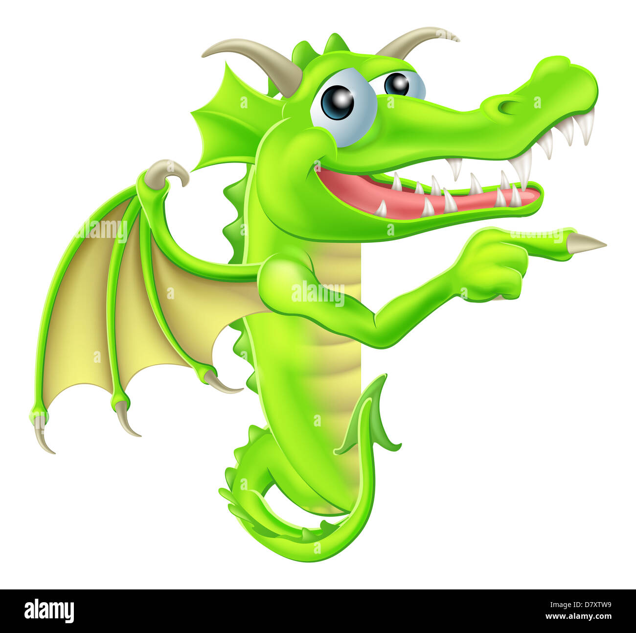 Un dessin d'un dragon cartoon mascot peeking autour d'un signe et de pointage Banque D'Images