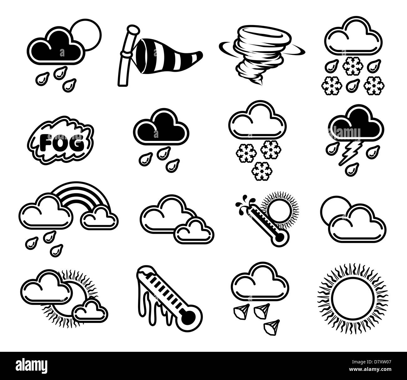 Un ensemble d'icônes météo monochrome comme ceux utilisés dans les prévisions Banque D'Images