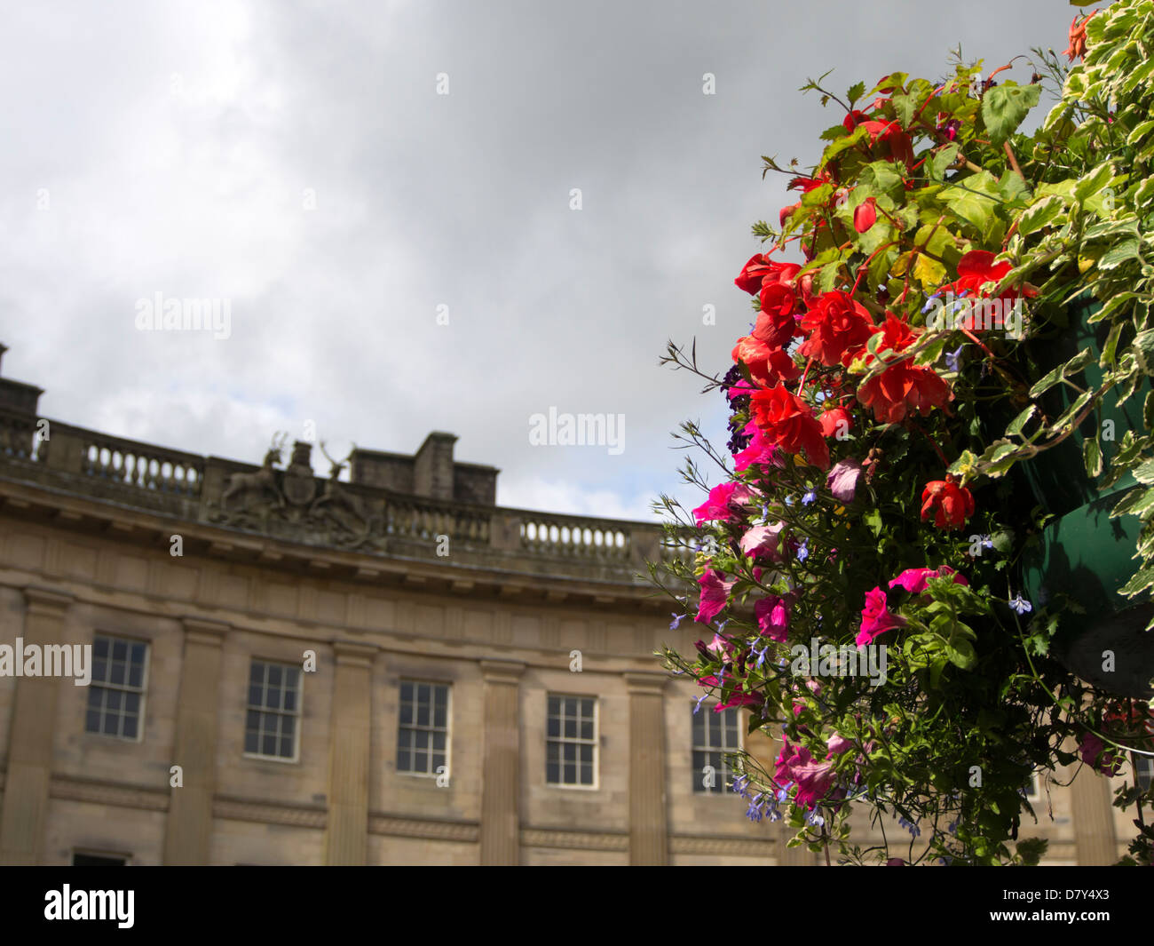 Suspension de fleurs en premier plan avec le croissant de capacités dans l'arrière-plan Buxton Derbyshire, Angleterre Banque D'Images