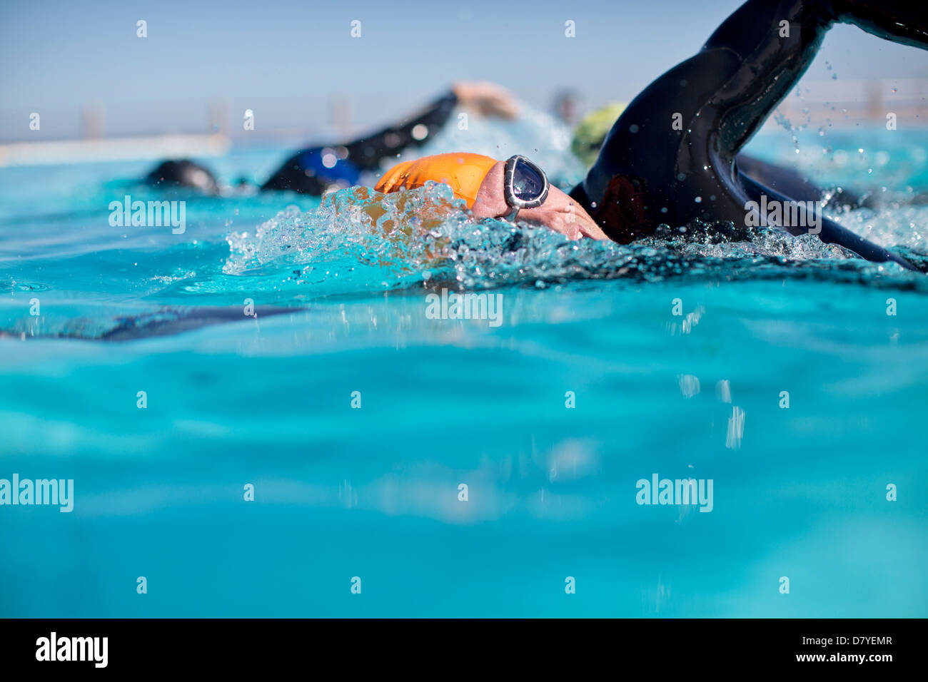 Les triathlètes en combinaison s'éclabousser dans la piscine Banque D'Images