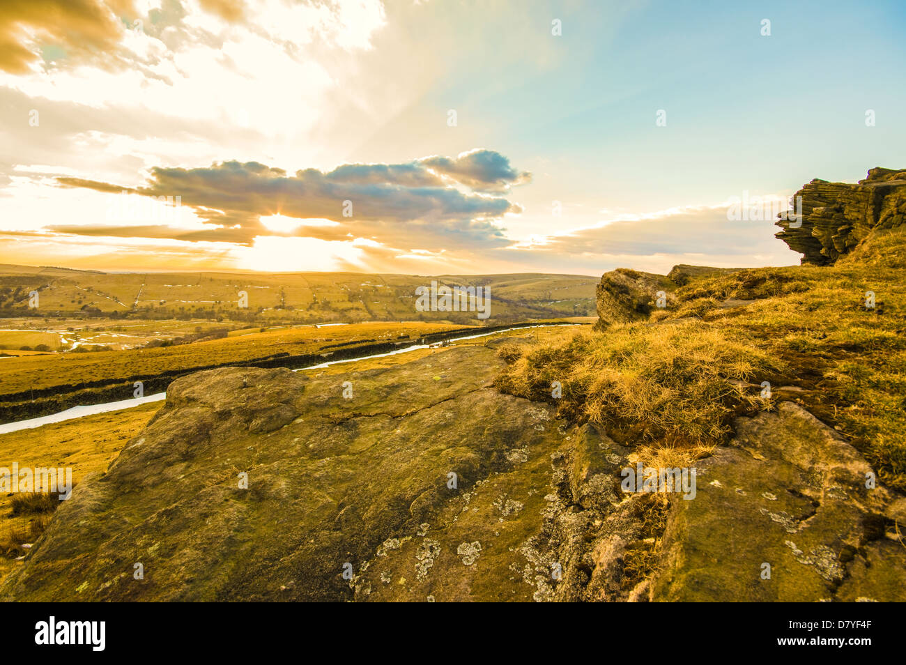 Coucher de soleil sur les roches Windgather Banque D'Images