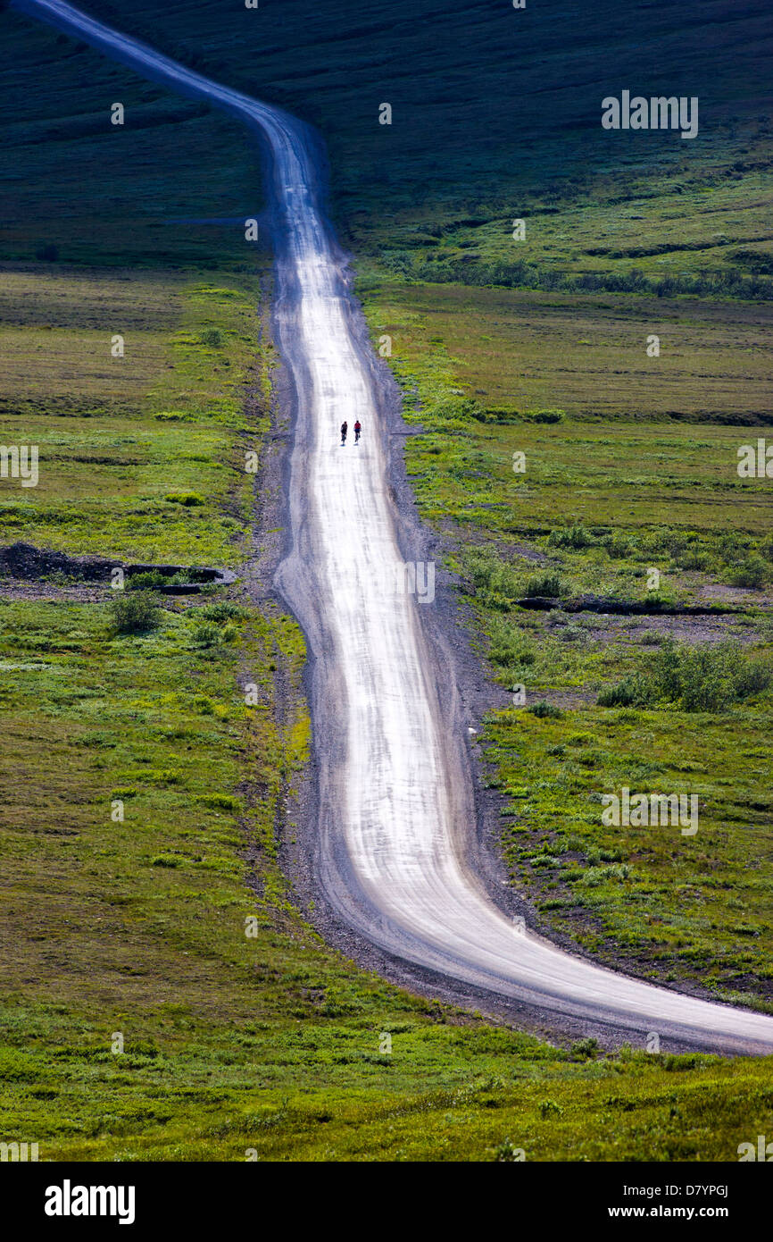 Deux cyclistes équitation l'accès limité route vers Stony Dome, Denali National Park, Alaska, USA Banque D'Images