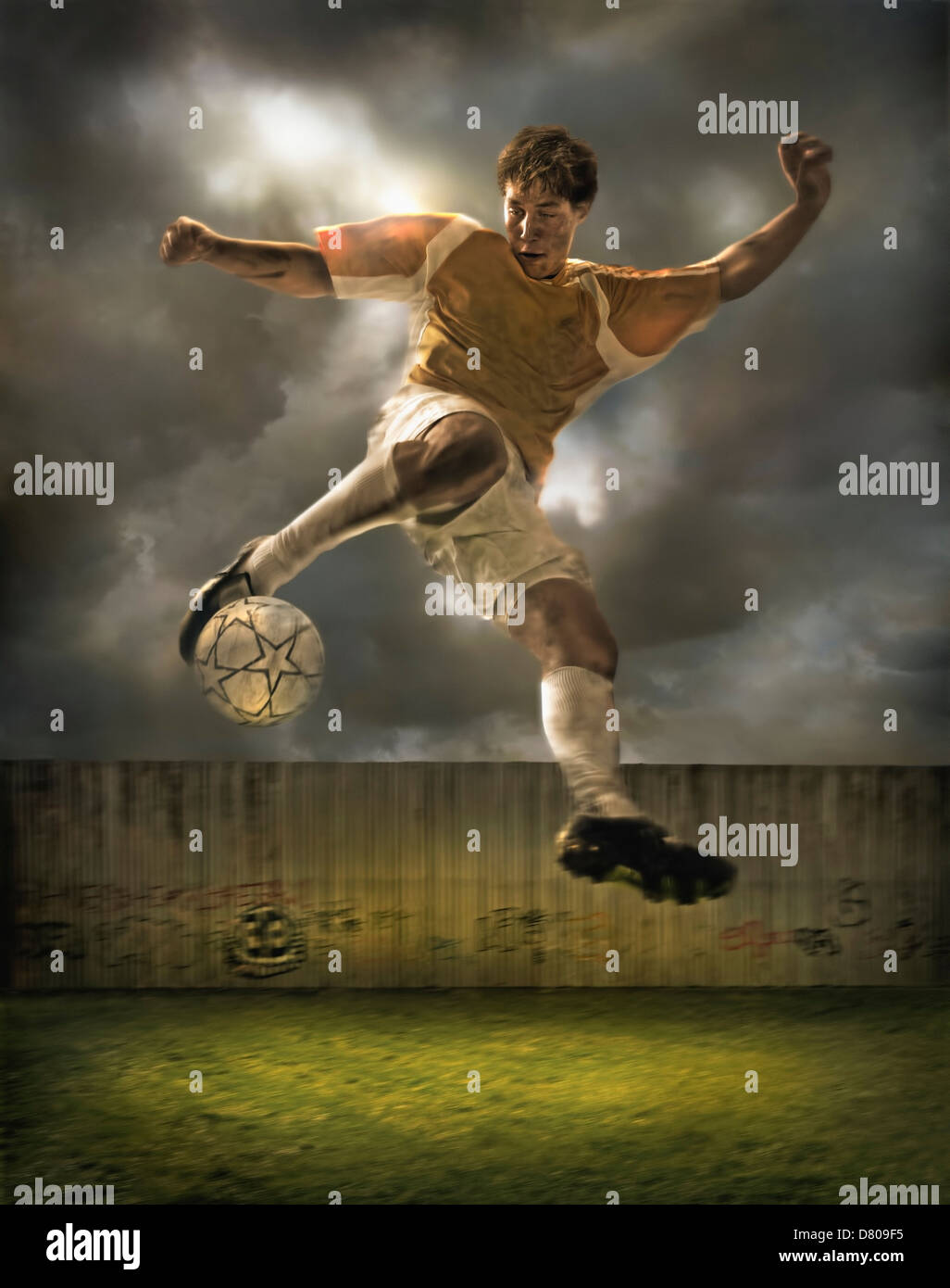 Illustration de soccer player kicking ball in field Banque D'Images