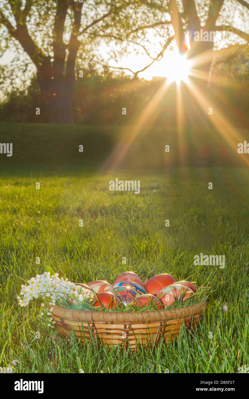 Les oeufs de pâques traditionnel roumain dans le coucher du soleil Banque D'Images