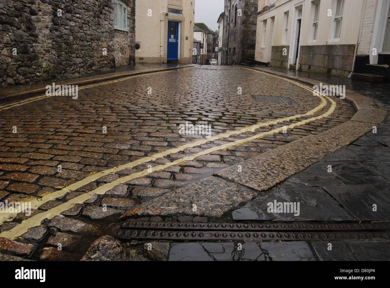 Une photographie d'une rue pavée, à la barbacane, Plymouth. Banque D'Images