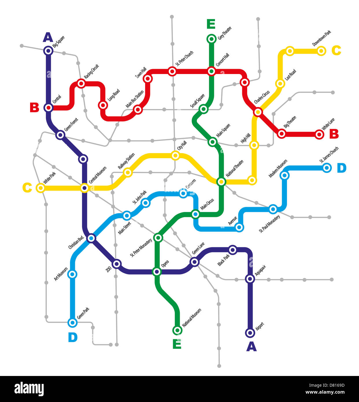Plan de transport public de la ville fictive sur fond blanc Banque D'Images