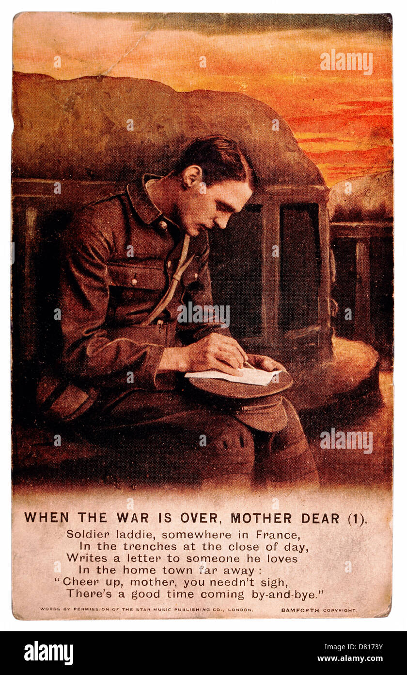 L'affiche de la Première Guerre mondiale, soldat anglais en France avec musique Lyrics, lorsque la guerre est plus chère maman, vers 1914 Banque D'Images