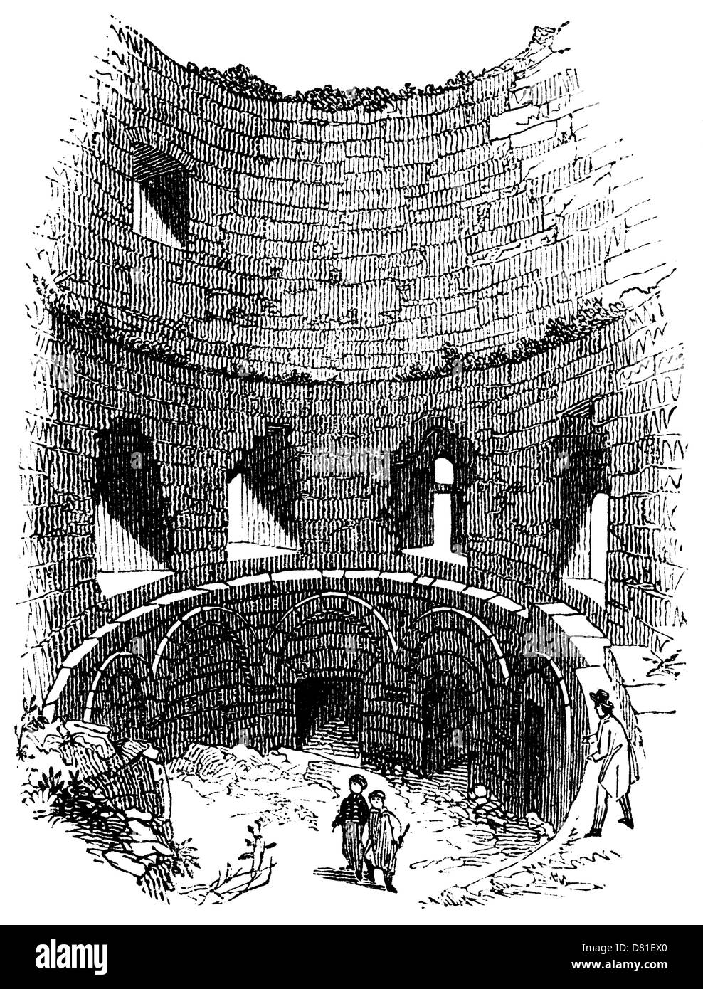 L'intérieur de la Tour Normande au château de Pevensey, en 1840 Banque D'Images