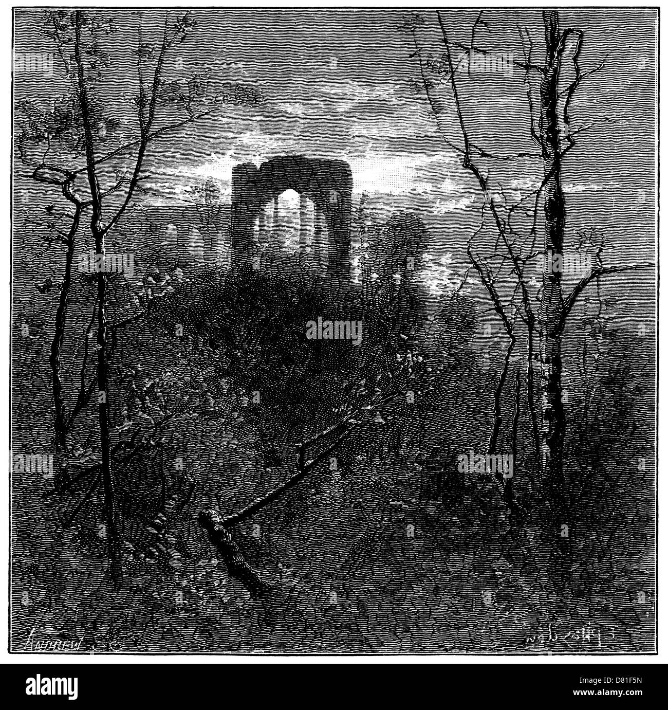 L'ancienne abbaye en ruine (à partir d'une vieille gravure victorienne) - une ruine romantique au clair de lune Banque D'Images