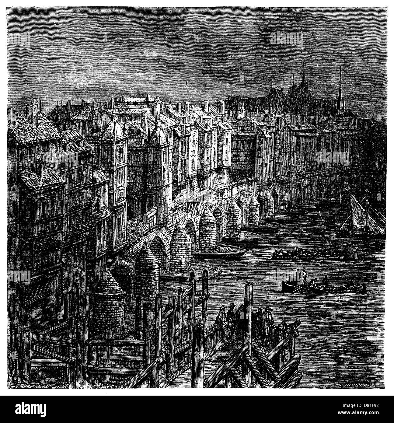 Le pont de Londres en 1694 : gravure de Gustave Doré (1822-1883) Banque D'Images