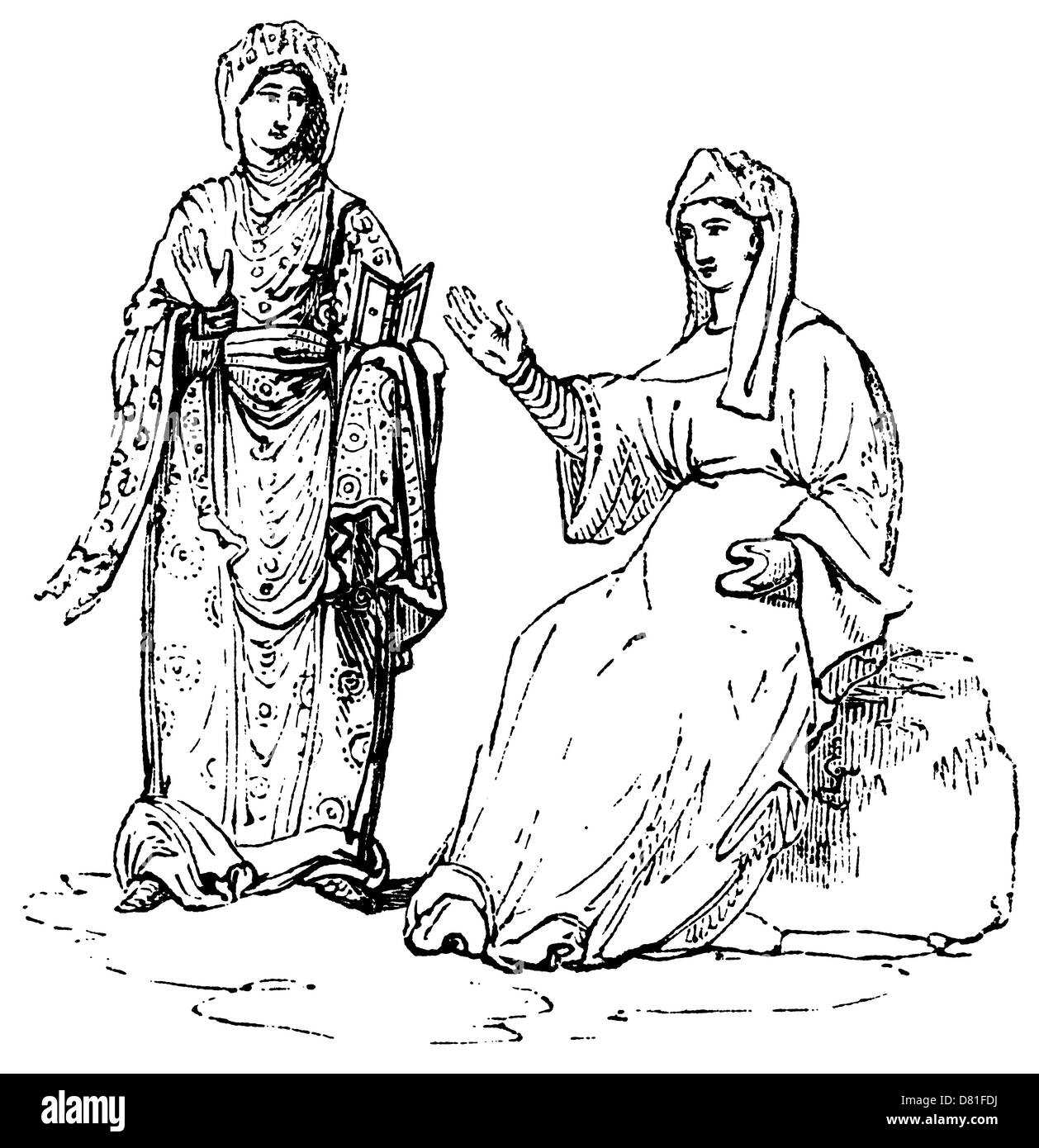 Costumes féminins anglo-saxons, une gravure sur bois après une illustration du manuscrit médiéval. Banque D'Images