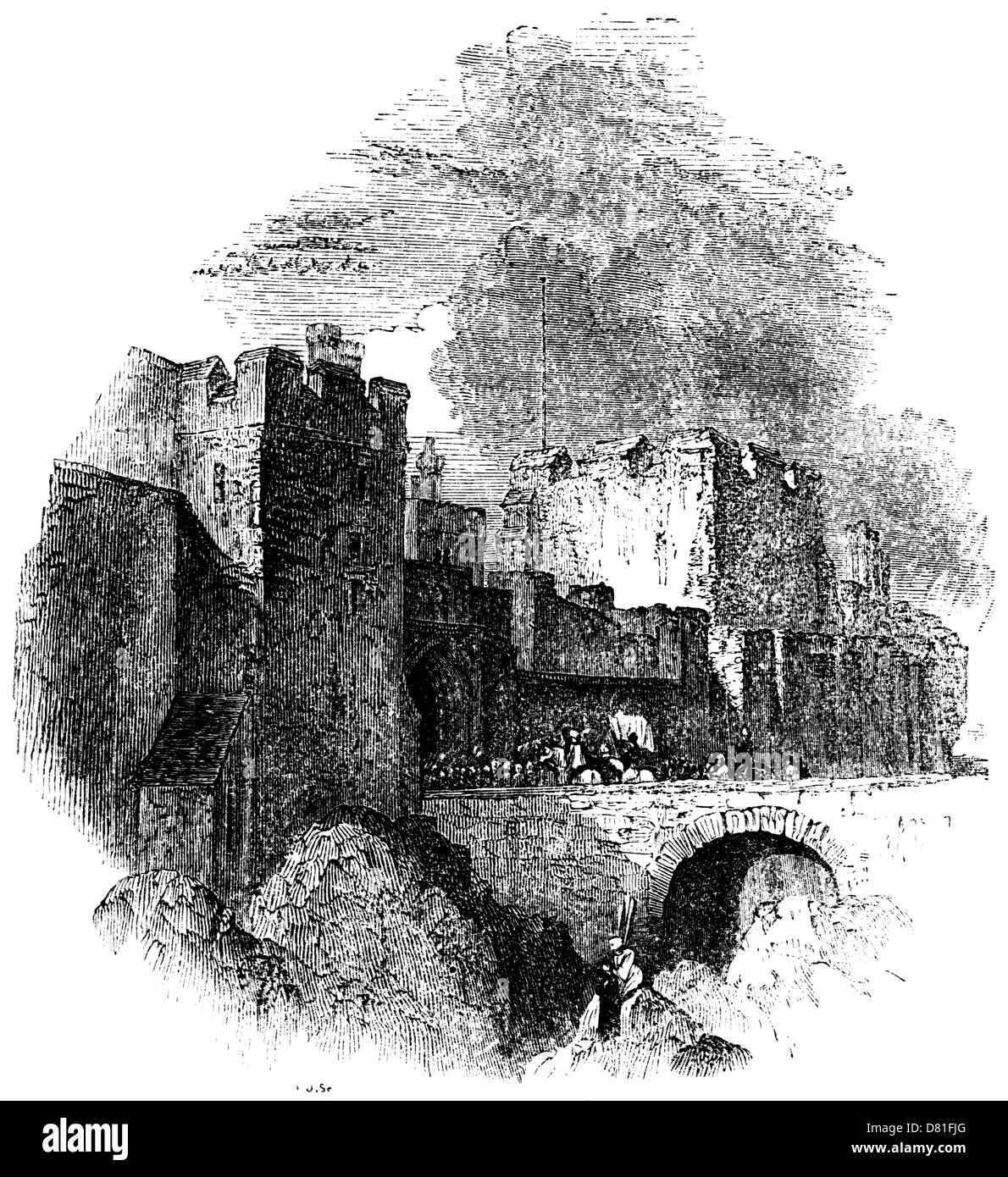 Le château de Carlisle - Les chevaliers arrivent à cheval sur le pont et dans les murs du château. Scène d'une ancienne gravure sur bois Banque D'Images