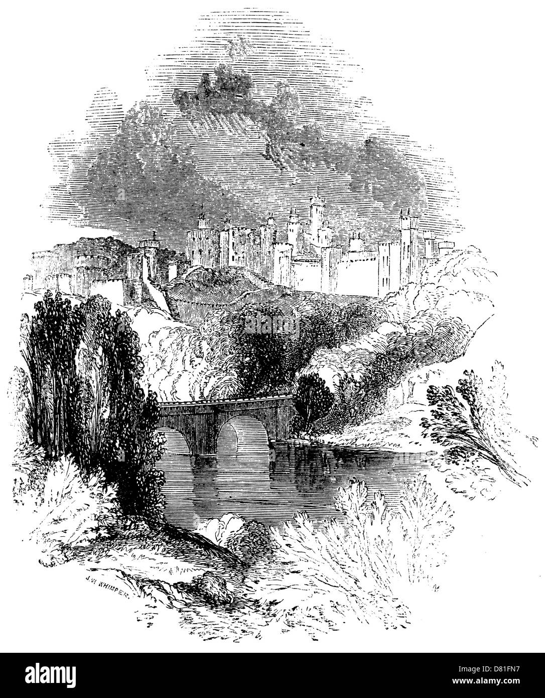 Gravure (1840) - Château d'Alnwick dans une tempête Banque D'Images