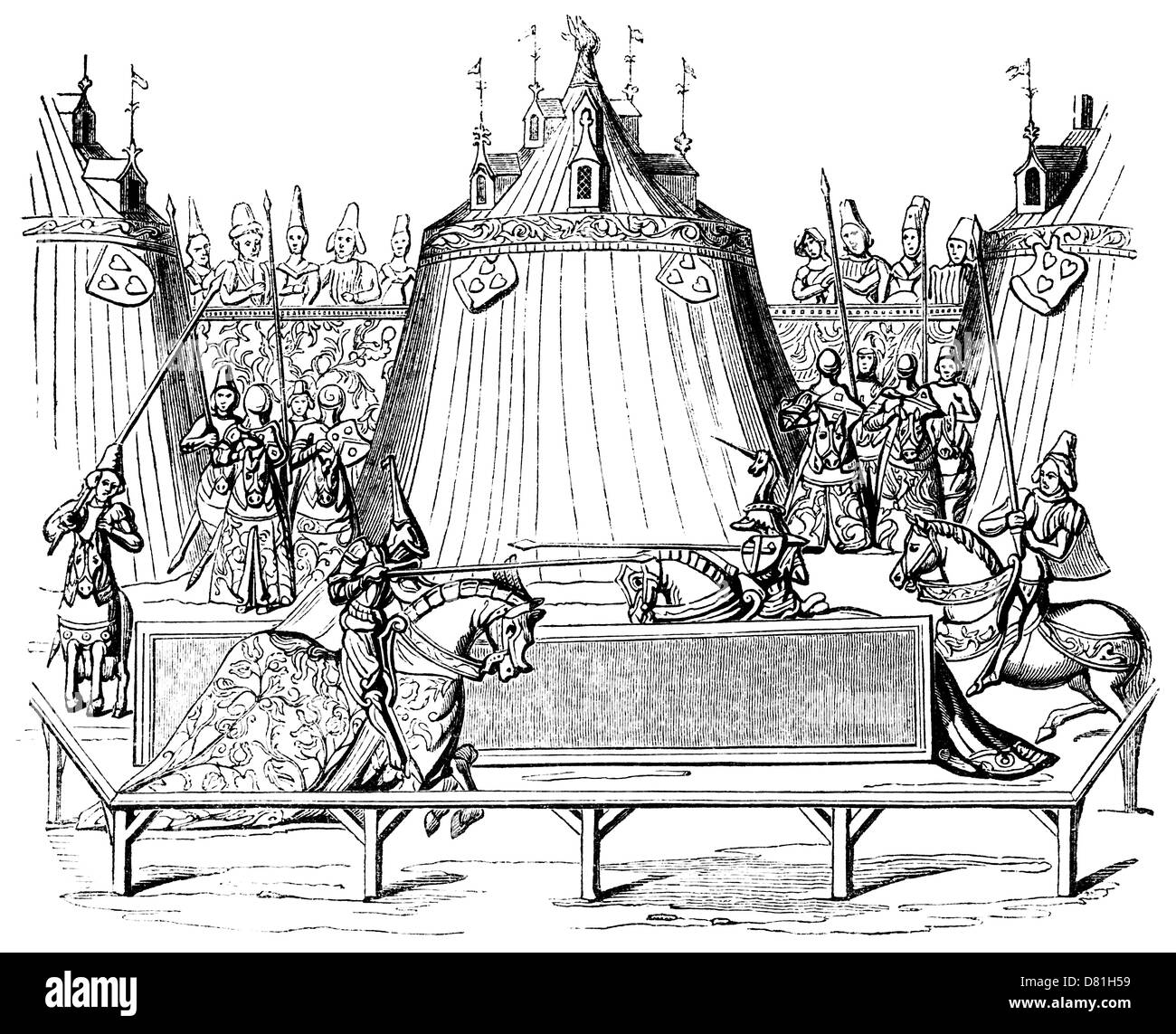 Tournoi de joutes, ou Tourney, à partir d'un manuscrit de 1470. Banque D'Images
