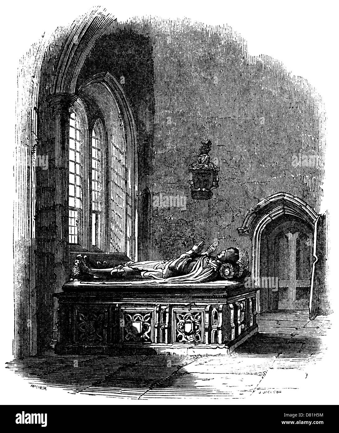 La tombe de Sir John Crosby, un chevalier du 15ème siècle et fondateur de Crosby Hall. Flux de lumière à travers une fenêtre en pierre au plomb. Banque D'Images