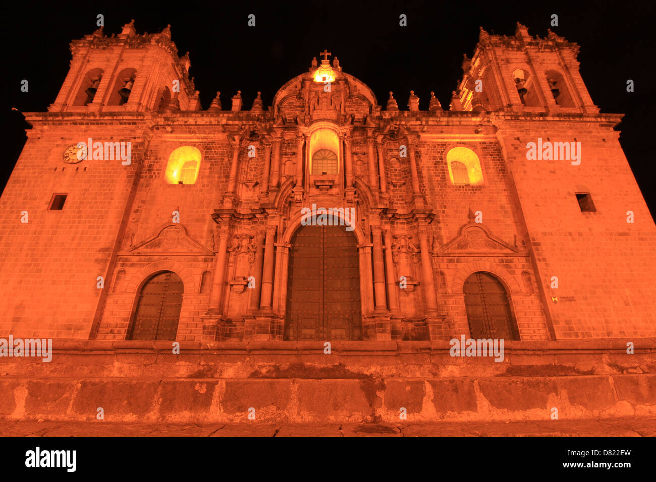 La cathédrale principale de Cuzco, allumé à une soirée Banque D'Images