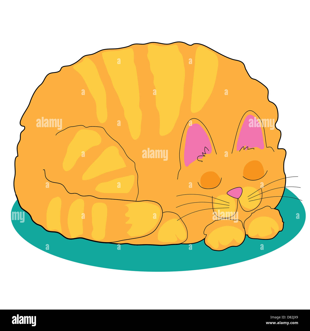 Un gros chat marmelade est endormi sur un tapis bleu sarcelle Banque D'Images