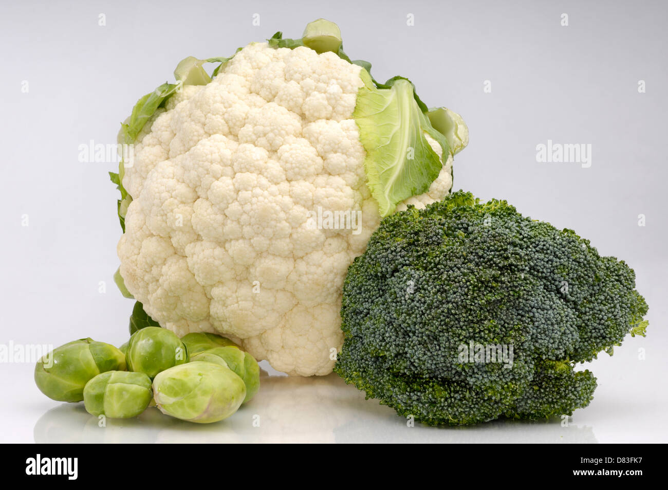 Le chou-fleur et brocoli choux de bruxelles isolé sur fond blanc Banque D'Images