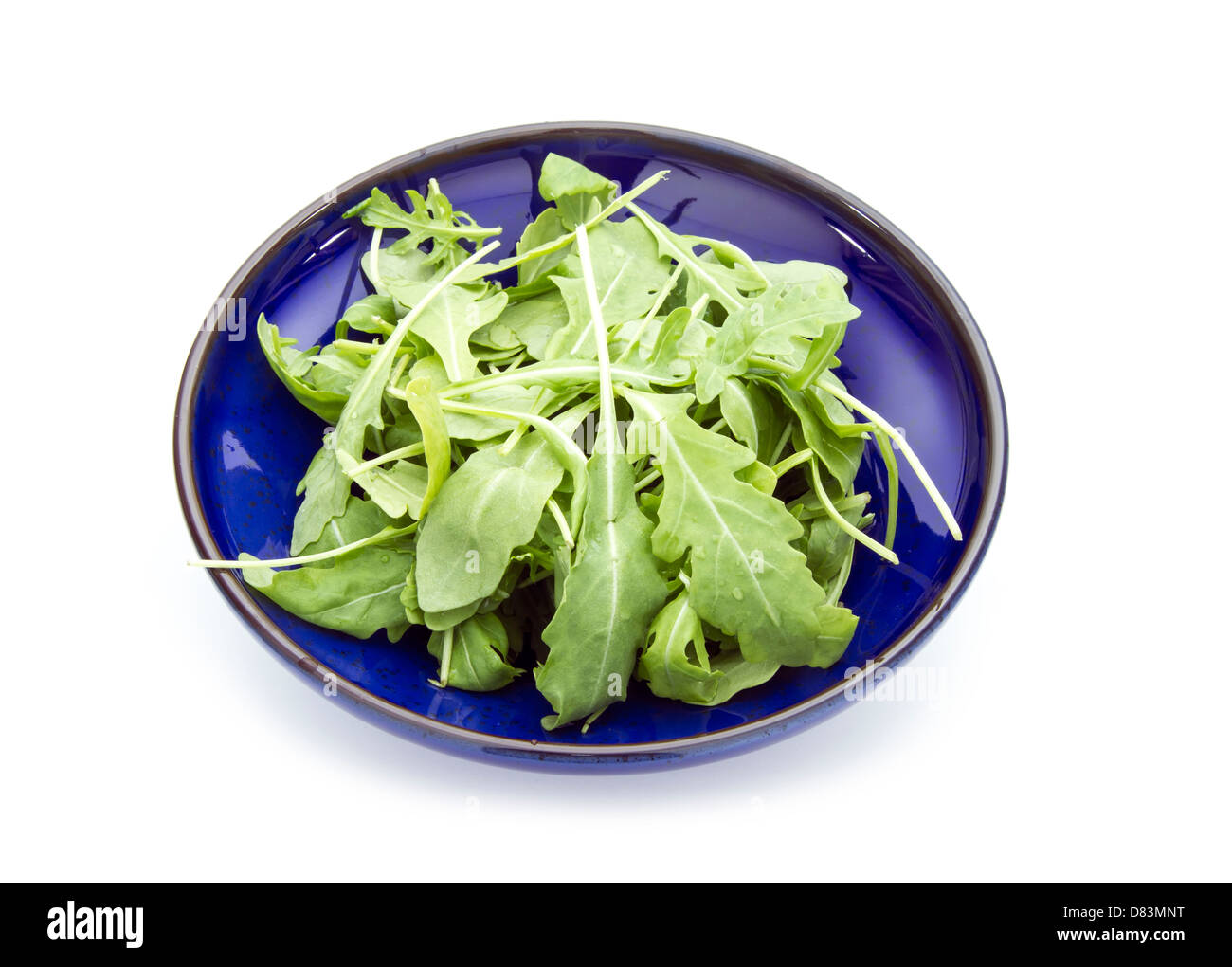 Les feuilles de roquette dans bol bleu isolé sur fond blanc Banque D'Images