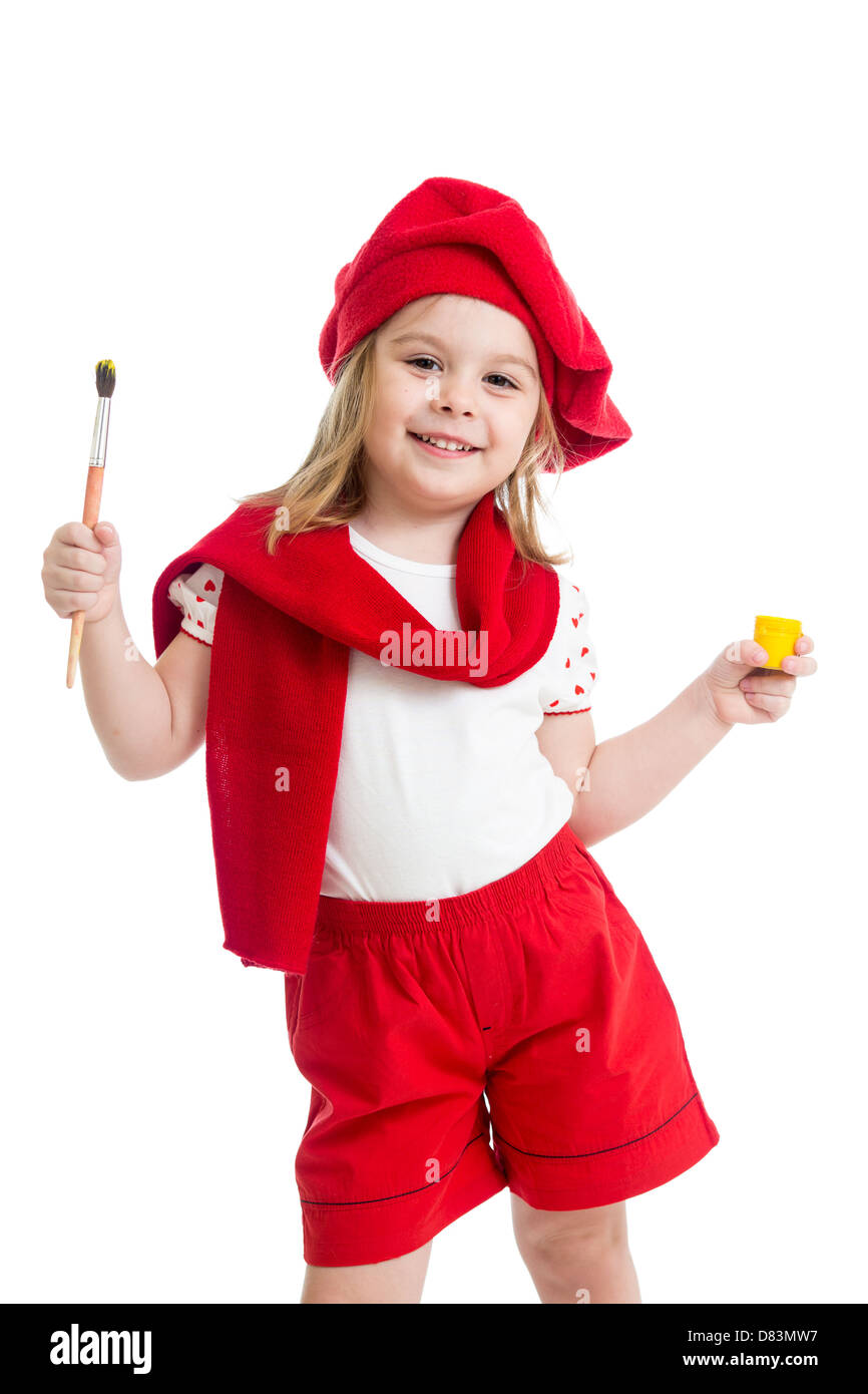 Petite fille en costume de l'artiste isolé Banque D'Images