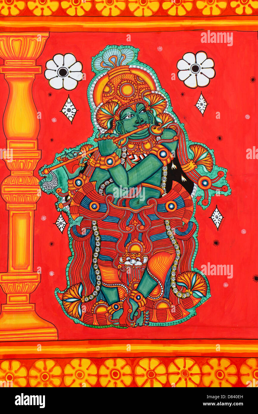 La peinture murale de dieu Sreekrishnan sur toile avec flûte krishna dieu 16008 Karmukilvarnan avec épouses Banque D'Images
