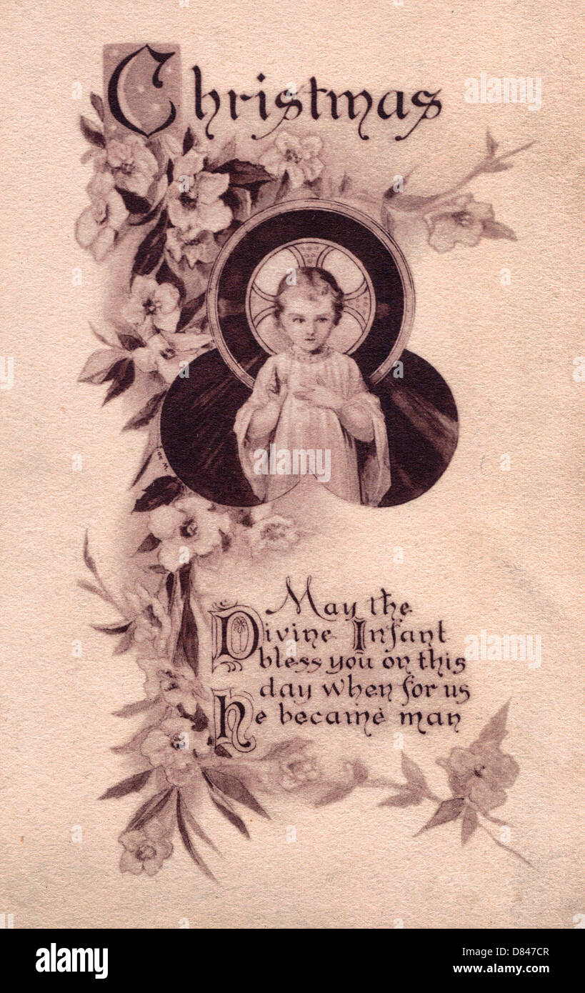 Noël - peut le Divin Enfant vous bénisse en ce jour, quand il est devenu homme pour nous - Carte Vintage Banque D'Images