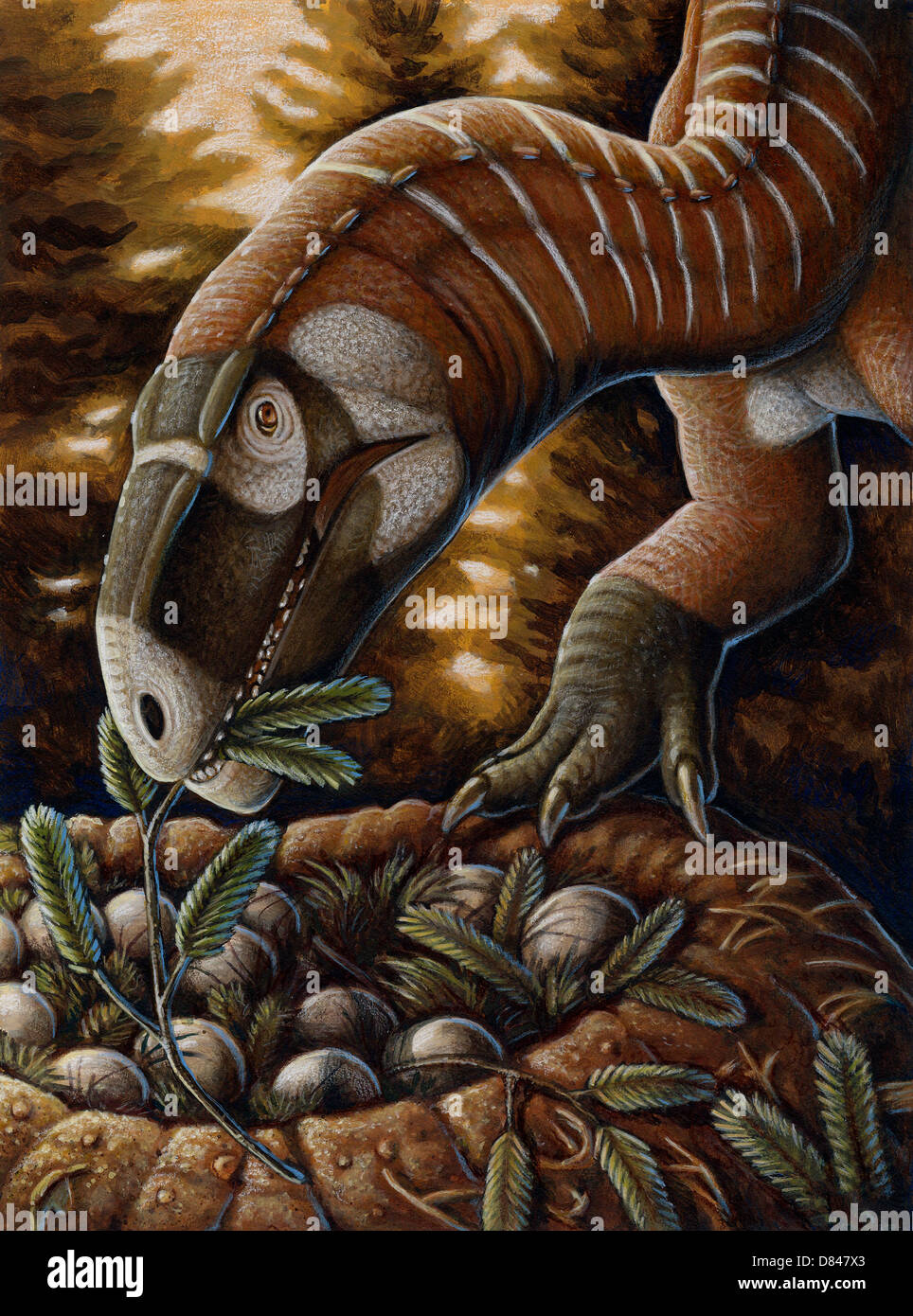 Plateosaurus nid de dinosaures. Acrylique et crayon de couleur. Banque D'Images