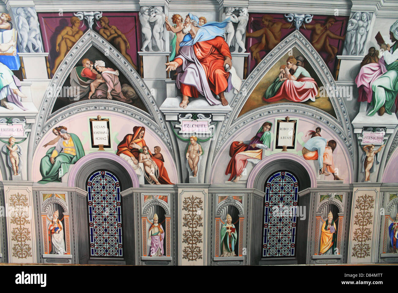 La reproduction de la chapelle Sixtine sur plafond à English Martyrs Église catholique, Goring-by-Sea, West Sussex England UK Banque D'Images