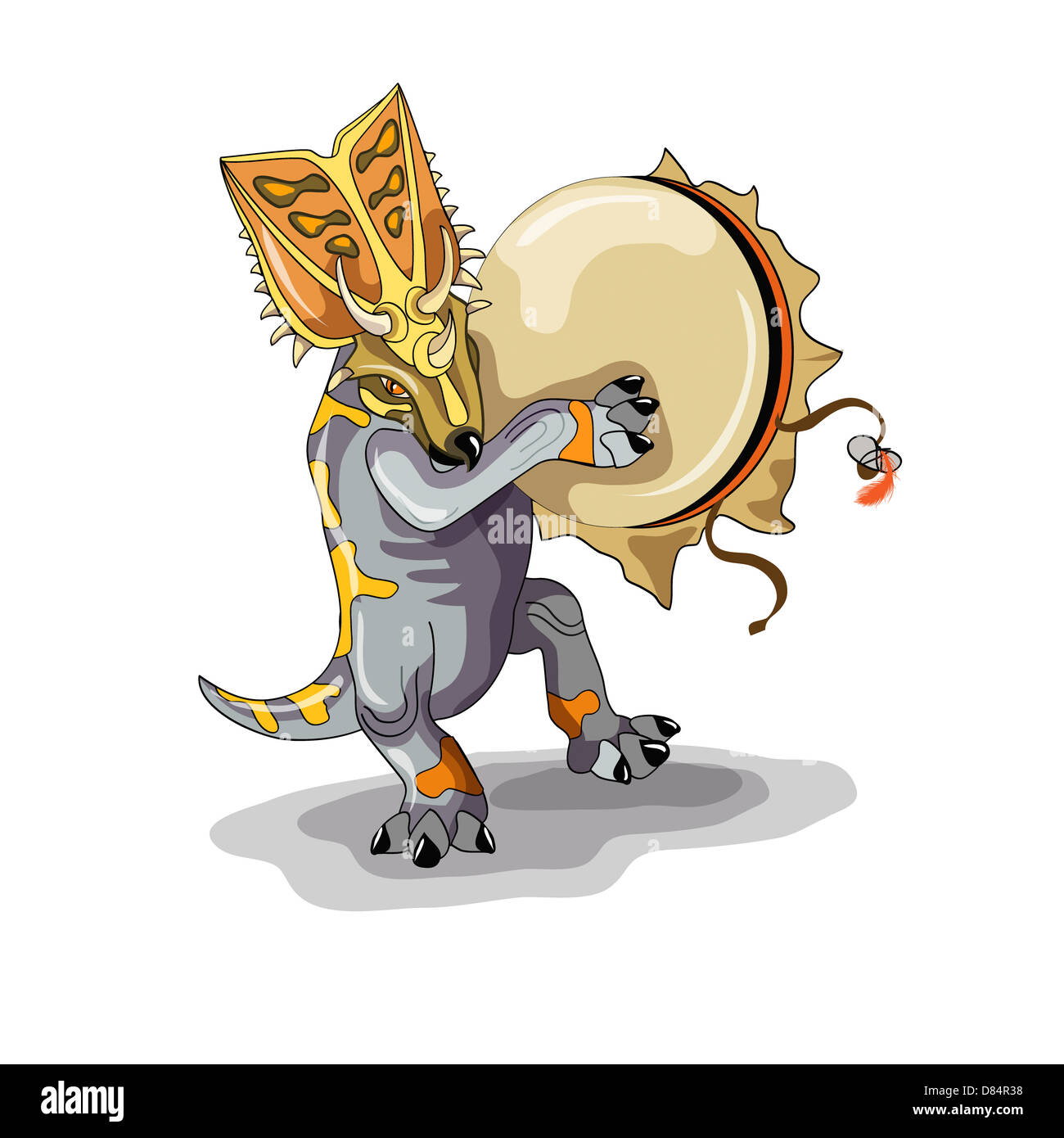 Illustration d'une danse rituelle de Chasmosaurus un chaman avec tambourin. Banque D'Images