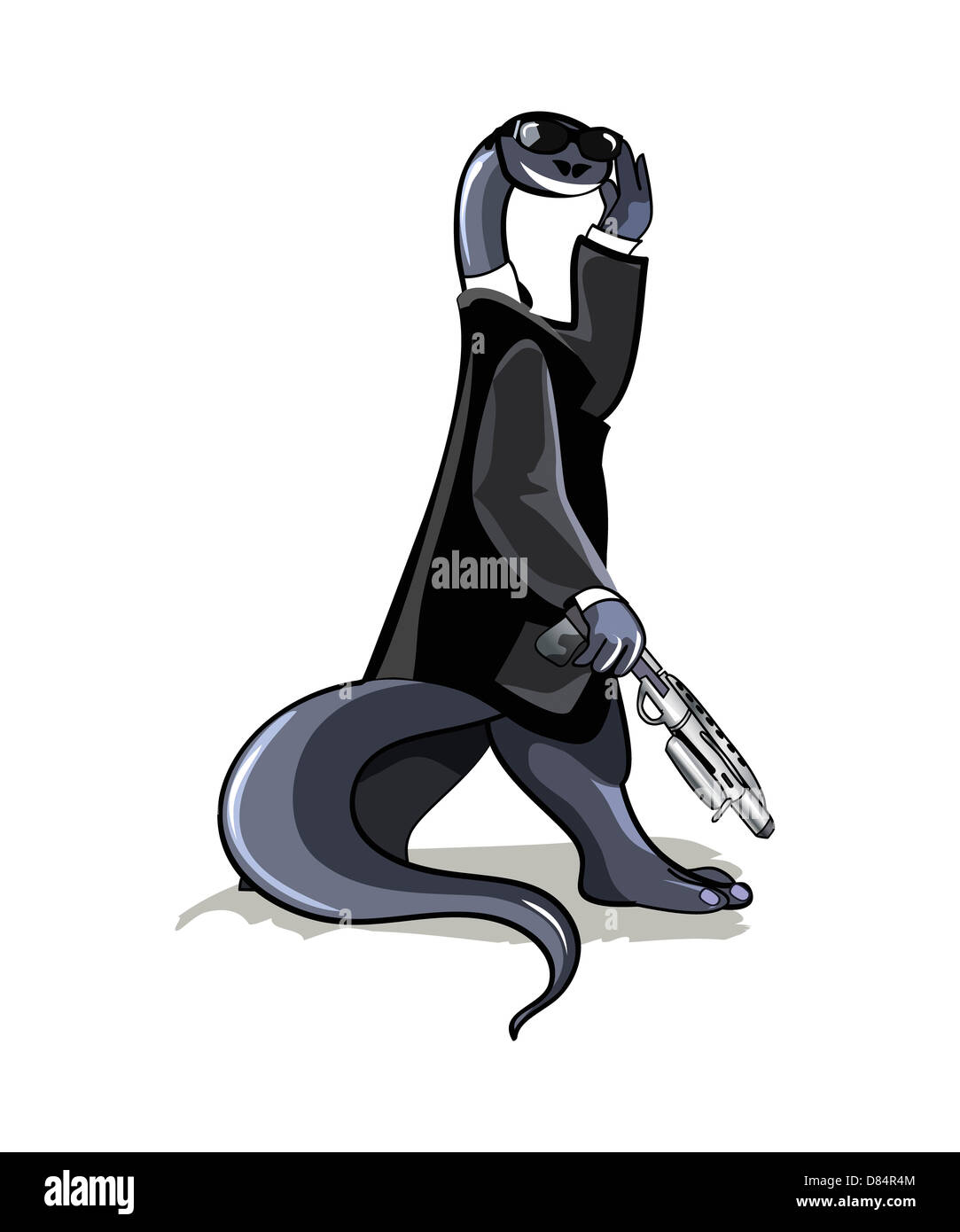 Illustration d'un brontosaure vêtu comme un personnage du film Les gens en noir. Banque D'Images