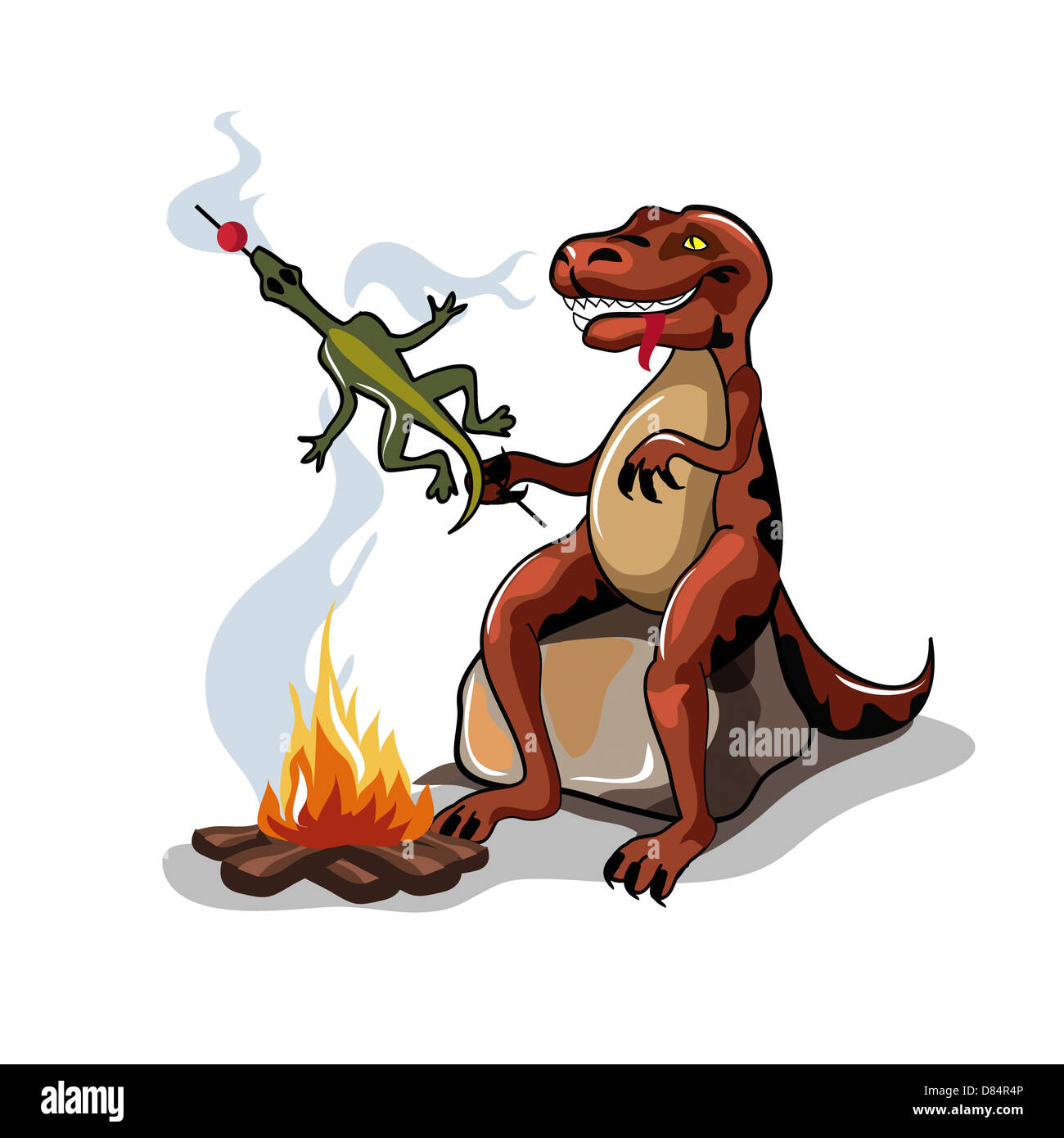 Illustration d'un Tyrannosaurus Rex la cuisson des aliments sur un feu de camp. Banque D'Images