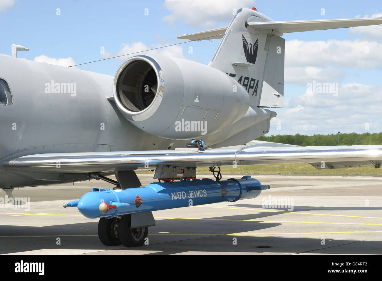 Pod brouillage sur un Learjet, guerre électronique offrant une formation aux forces de l'OTAN, Hohn Air Base, Allemagne. Banque D'Images