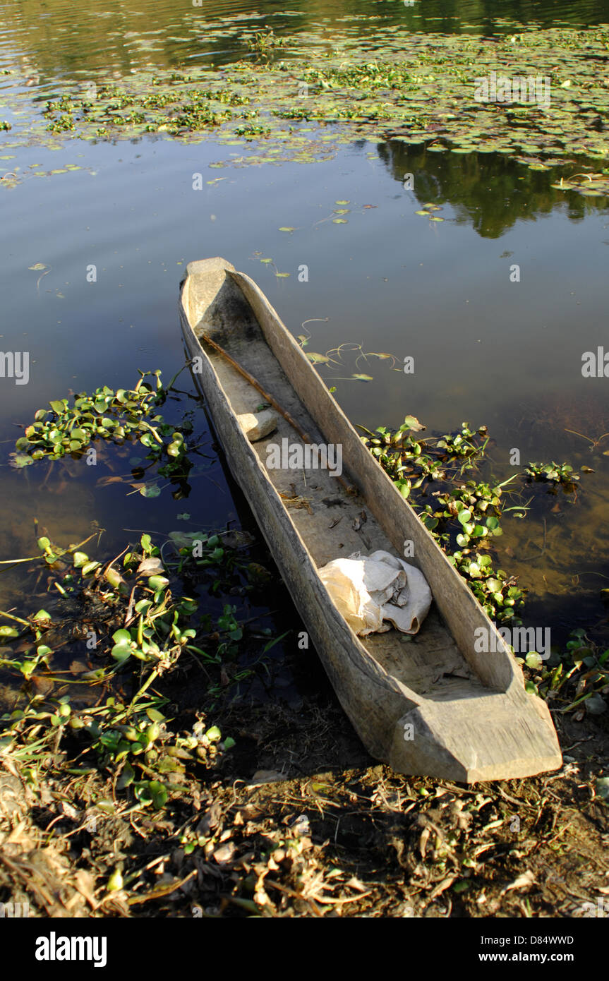 Une pirogue sur le Lac Fewa Tal dans Phokara, au Népal. Le canot est sculpté dans un seul tronc d'un arbre. Sculptée à la main par les locaux. Banque D'Images