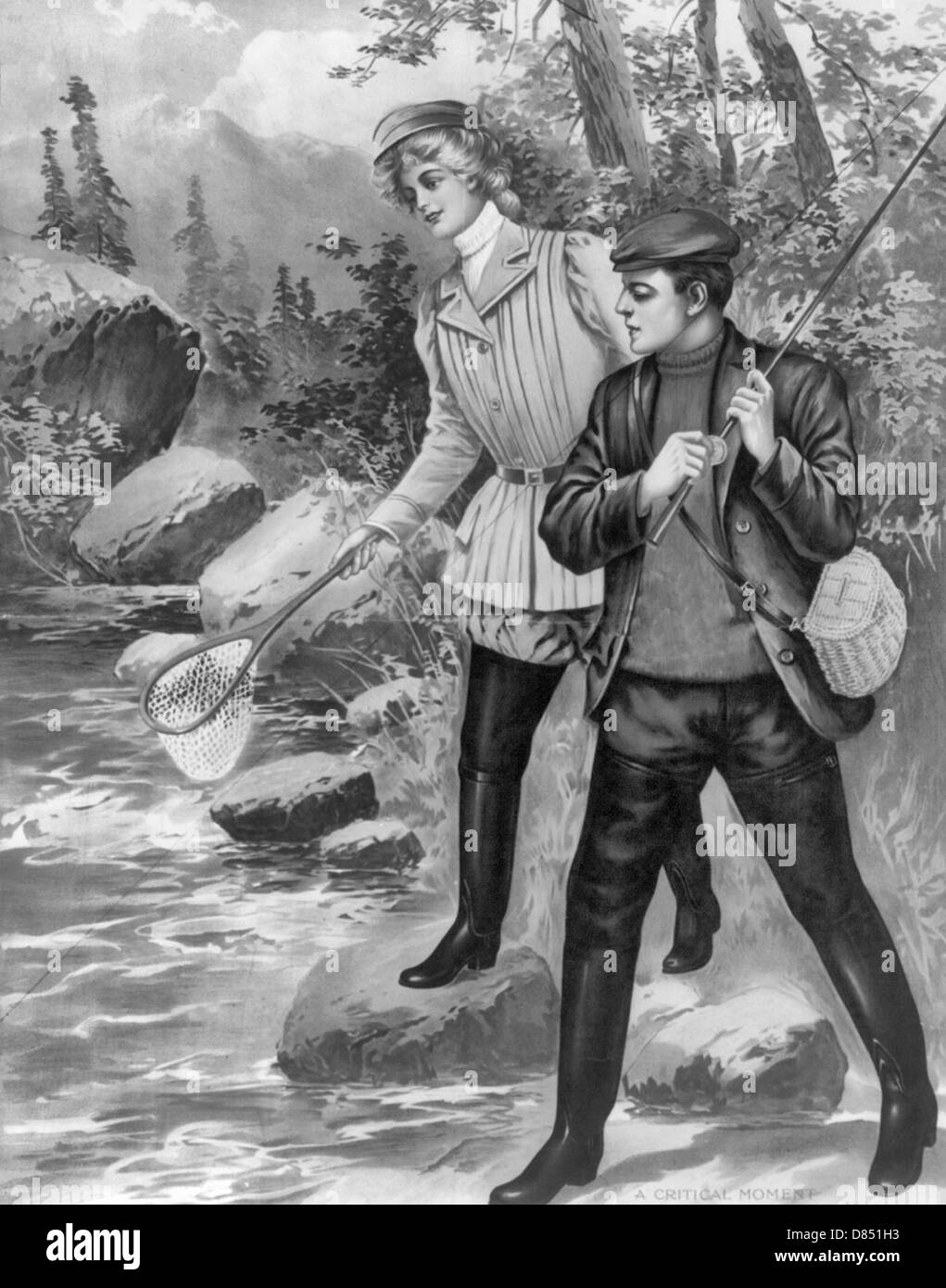 Un moment critique - un homme et une femme, tous deux sont de pêche portant  des cuissardes bottes en caoutchouc, vers 1906 Photo Stock - Alamy