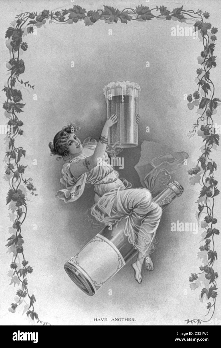 Avoir un autre - montre une femme assise sur une bouteille, tenant un verre rempli d'une boisson alcoolisée avec bras levés comme si dans un toast. Vintage poster, vers 1900 Banque D'Images