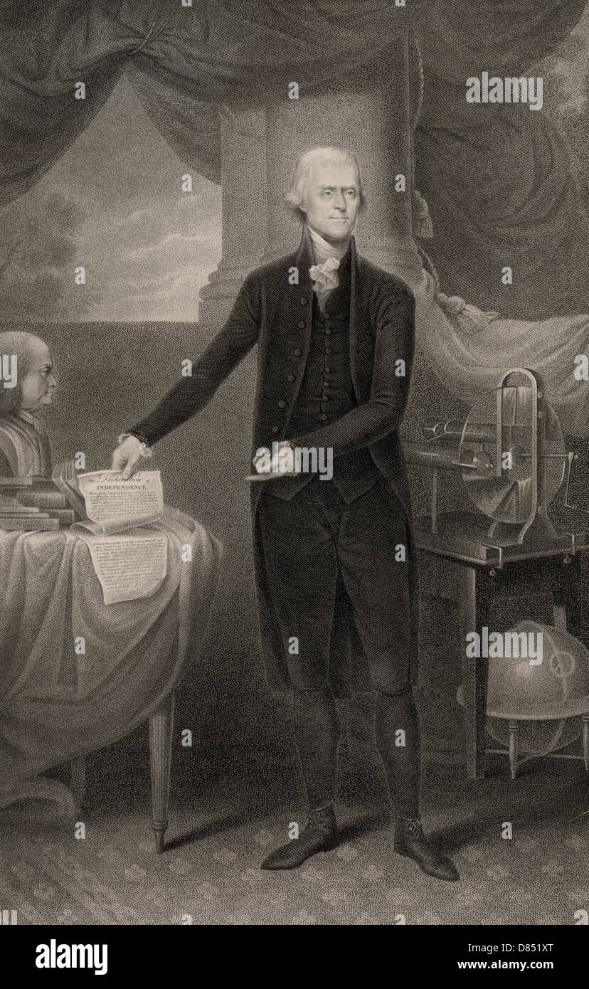 Thomas Jefferson, portrait en pied, debout à côté de la table, la tenue de la Déclaration d'indépendance et pointant vers elle, vers 1801 Banque D'Images