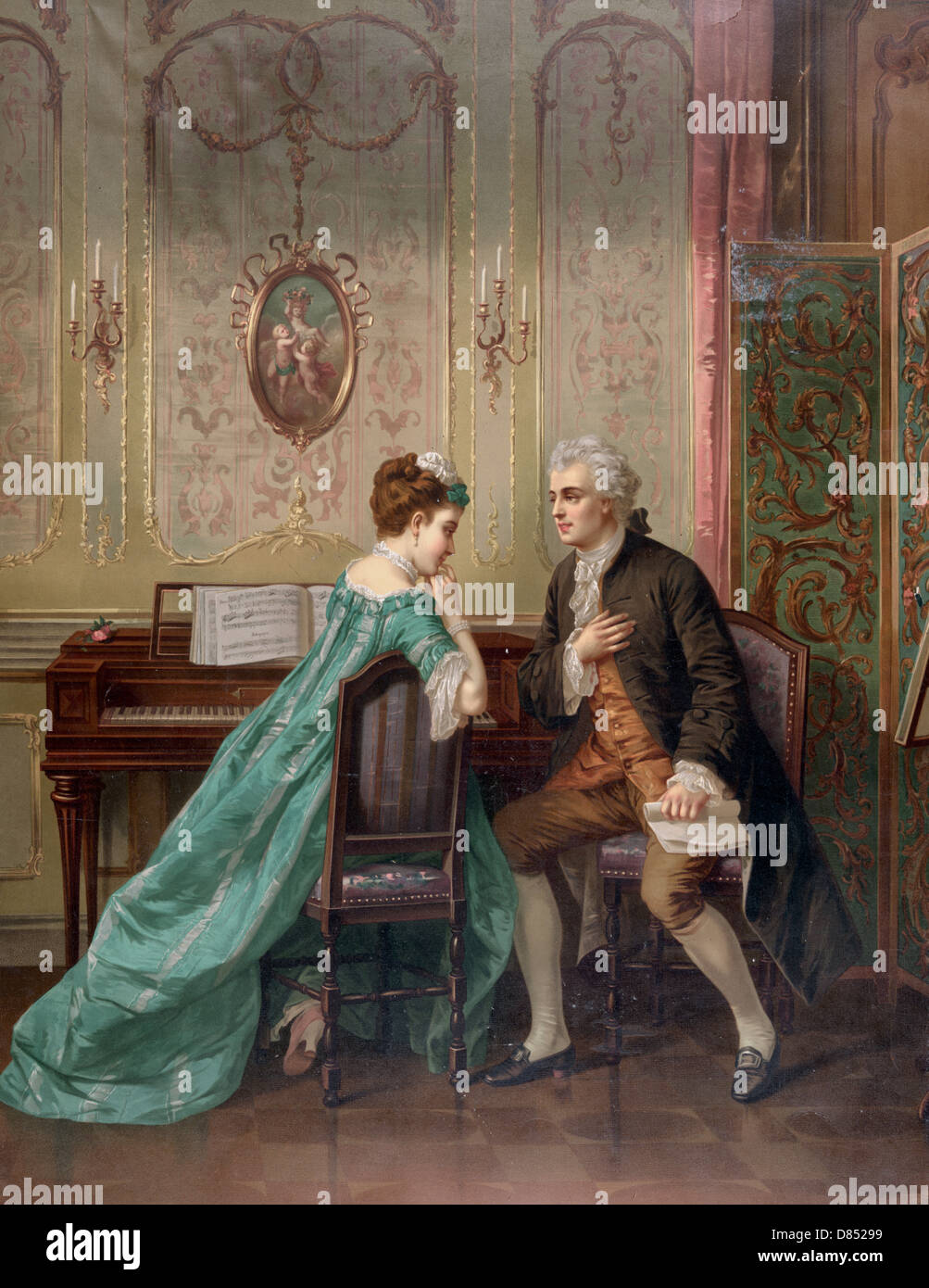 La proposition - homme propose de femme assise à l'instrument à clavier, vers 1873 Banque D'Images