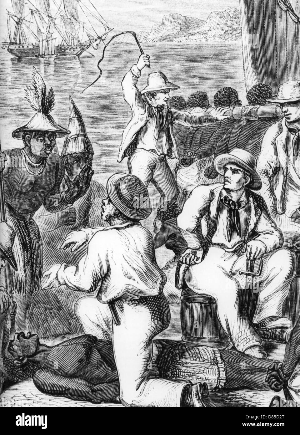 Les marchands d'esclaves du marchandage avec un concessionnaire d'Afrique sur le mauvais état d'un de ses esclaves à propos de 1810 alors que leur navire attend Banque D'Images