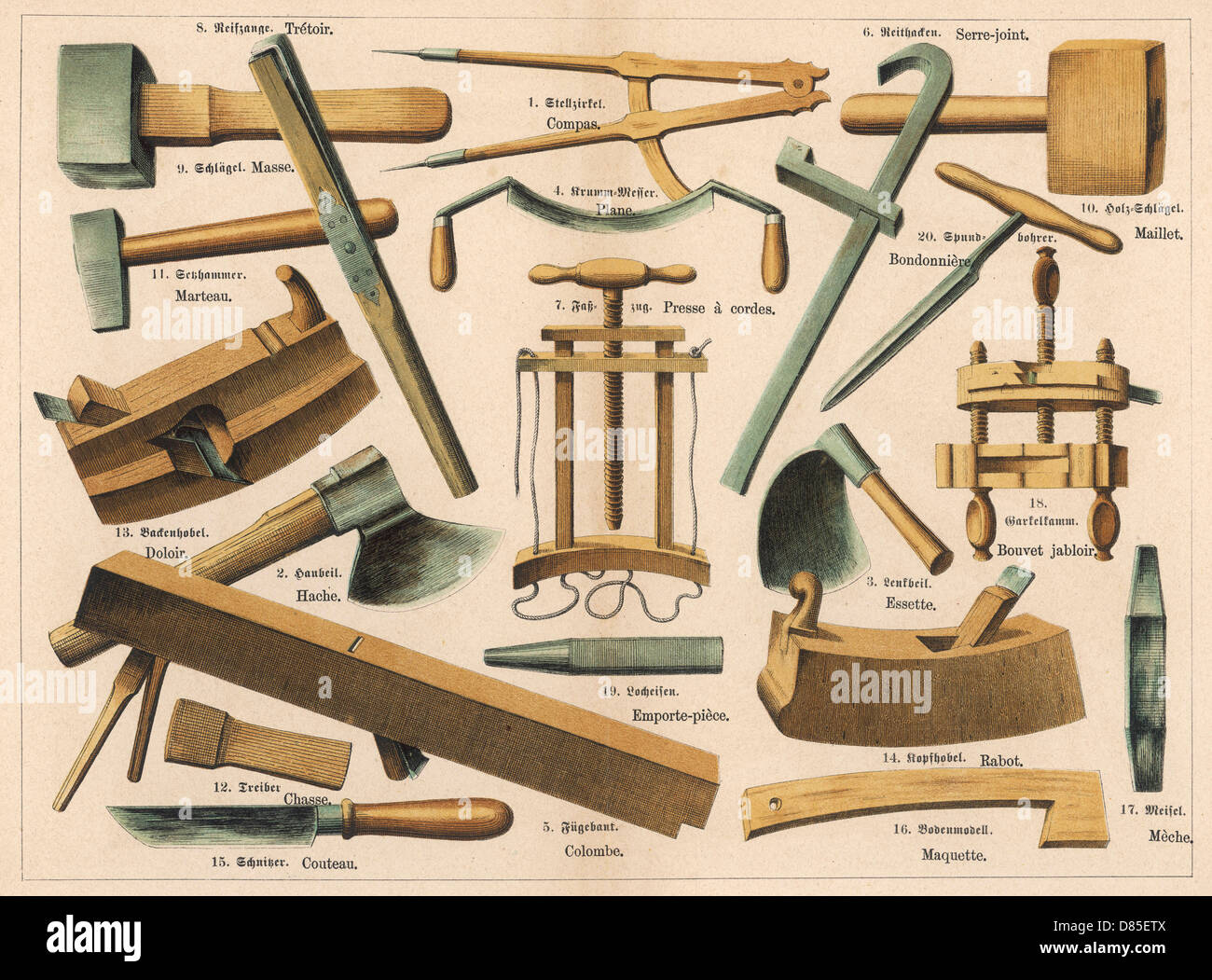 Vieux outils de charpentier, outils en fer, poinçons, bois, outil